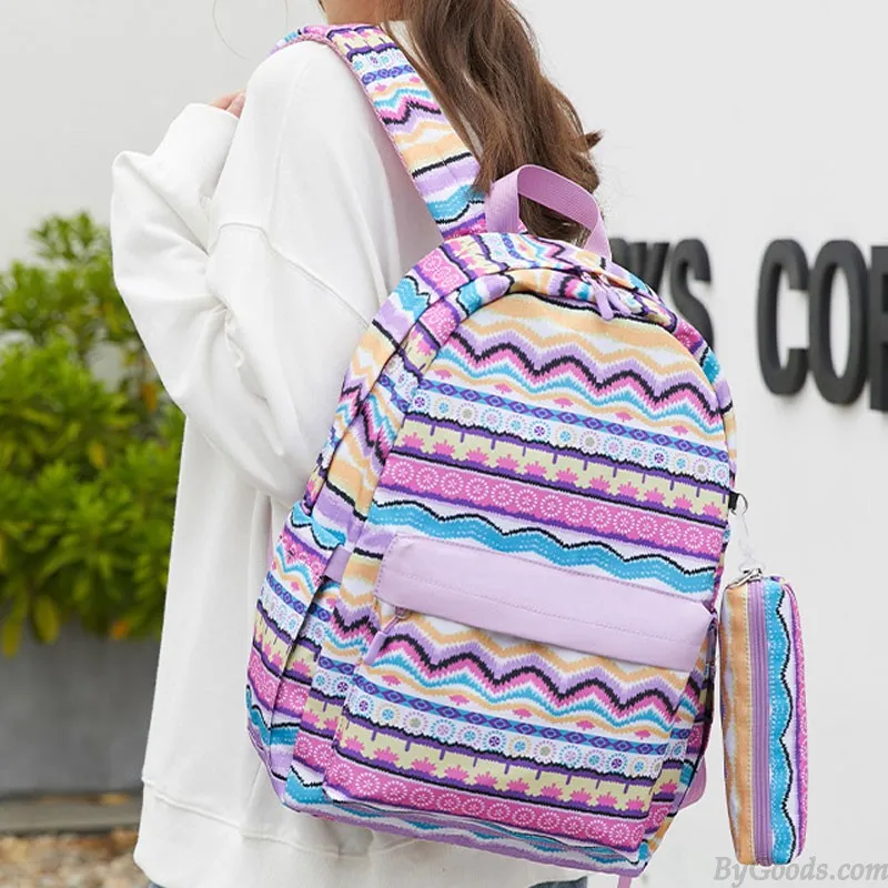 Folk Colorful Totem Stripe Wave Printing Backpack For Teen Girls Waterproof Middle School Student Bookbags With Lunch Bag Pencil