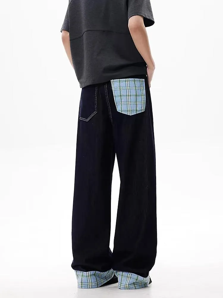 Retro Washed Dark Straight Jeans with Plaid Stitching for Men and Women