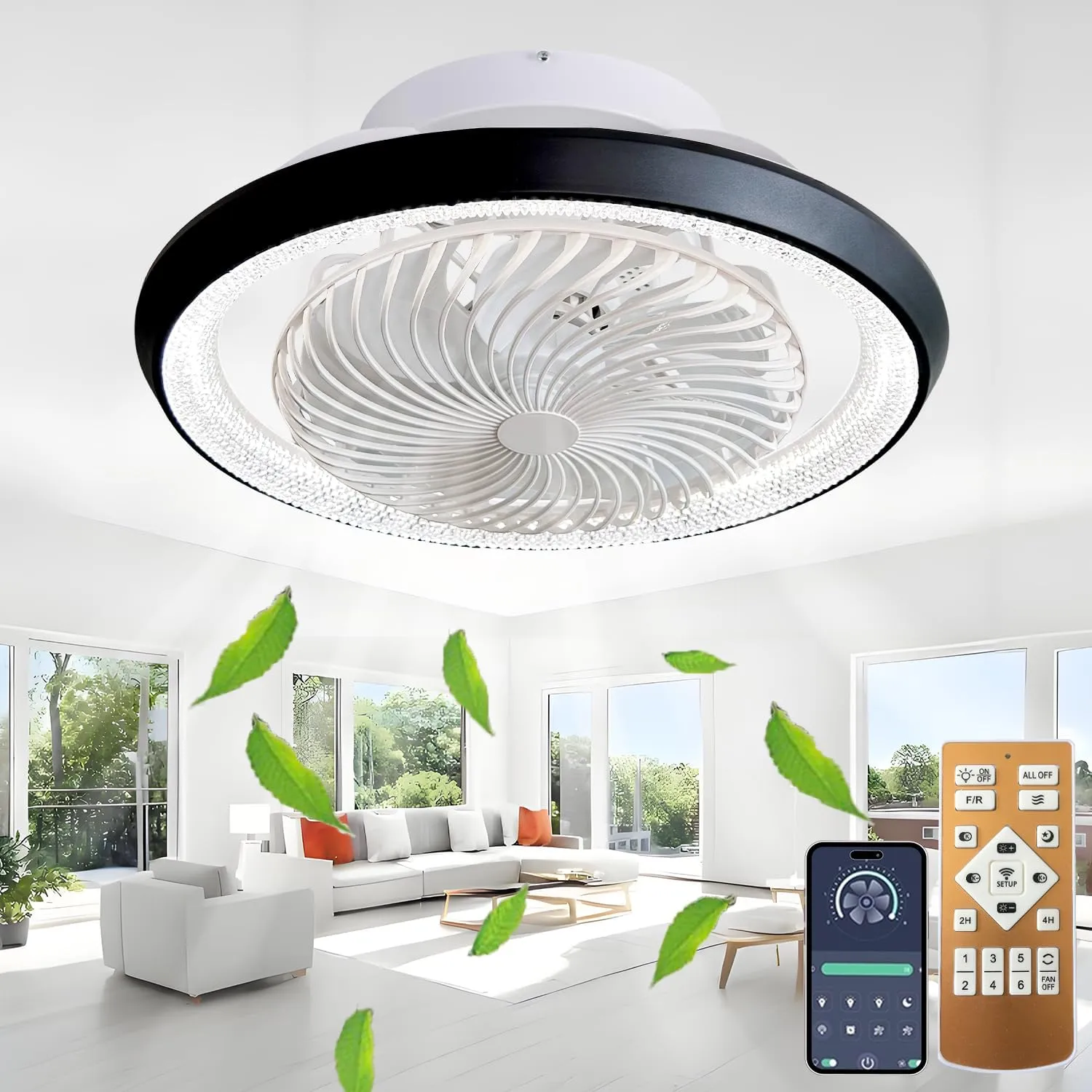 TJSC Ventilador de Techo con Luz Sin Aspas Ø 49 cm, Ventilador Oscilante Silencioso con Control Remoto y APP, LED Lámpara de Tec